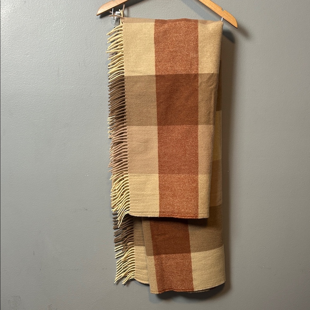 Plaid Wool or wool blend throw blanket with Fringe cream beige and reddish brown